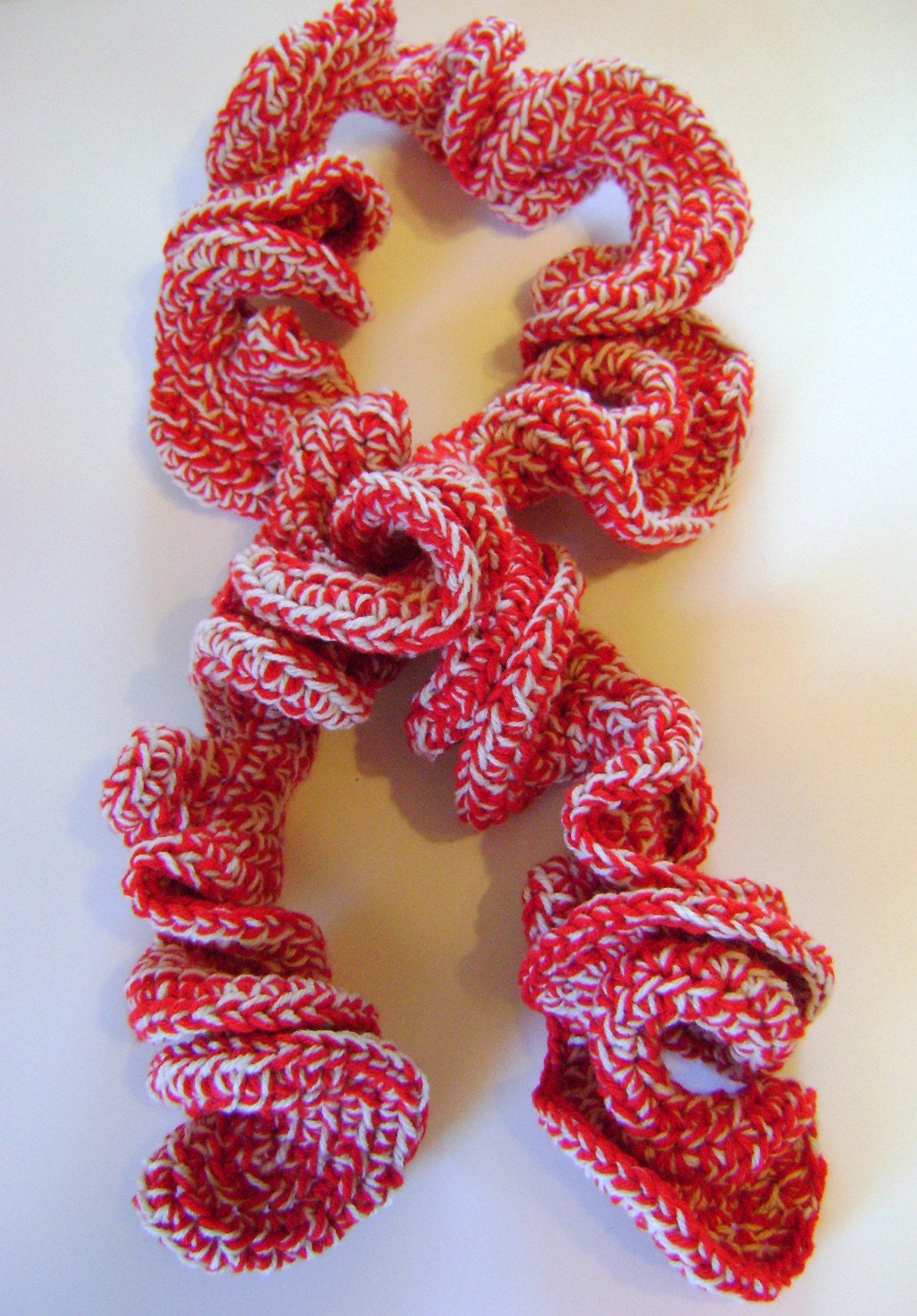 Handmade Red and White Curly Crocheted Scarf