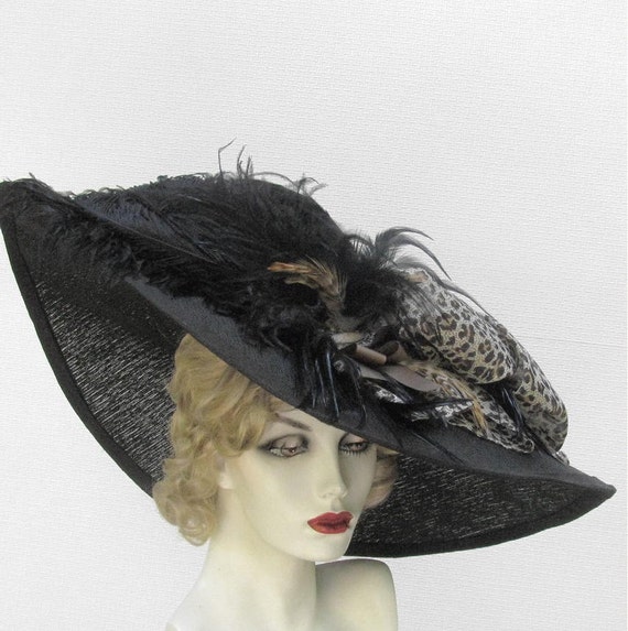 Wide Brim Edwardian Titanic Hat in a Summer Black Leopard  Animal Print - BuyGail