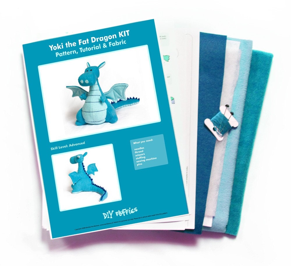 Yoki the Dragon sewing DIY stuffed animal KIT - Blue