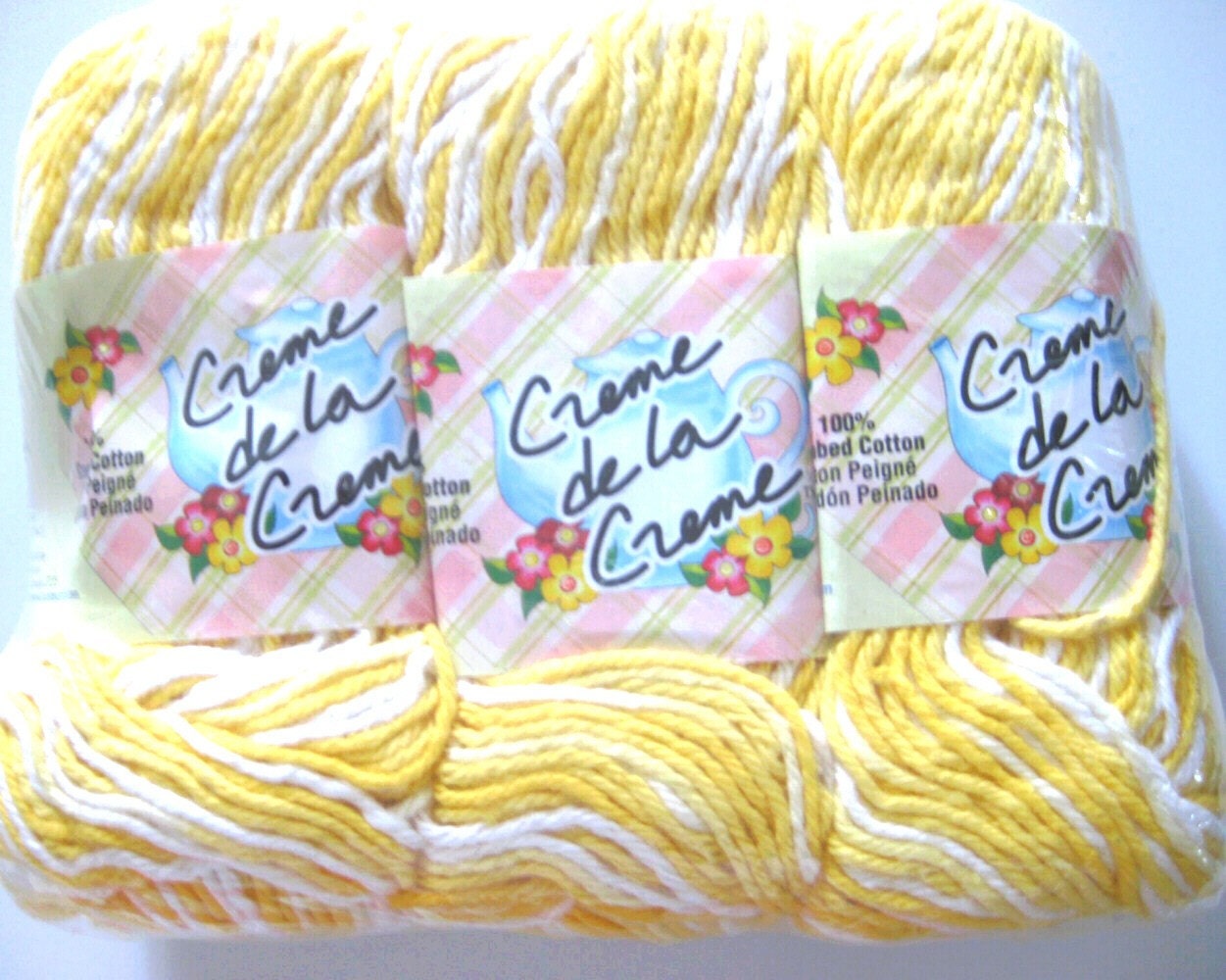 yellow Cotton Yarn,  sunshine ombre,  3 balls, yellow shades with white, Creme de la Creme, worsted weight
