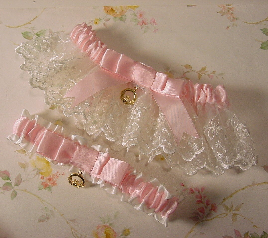 Irish LACE  wedding garter set pink and white Claddagh Charm HEIRLOOM ELEGANCE