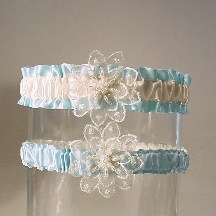 wedding garter WHISPER WHIMSY set Something Blue  and White a PETERENE original color choice