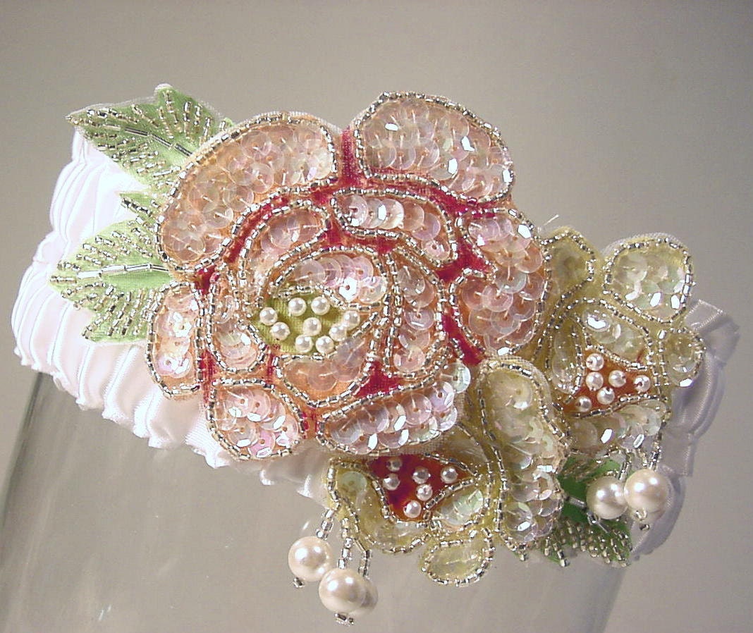 wedding garter set   Victorian roses  pastel pink green yellow