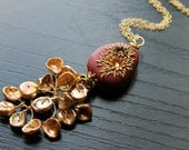 wirewrapped champagne keishi pearls gold necklace with handmade clay bead - The Red Peacock