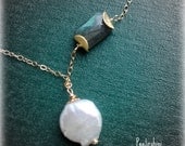 Coin Pearl and Green Flash Labradorite necklace in 14k gold fill - The Girl with the Pearl