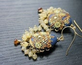 Hessonite Garnet, Yellow Jade and clay floral  gold earrings  in Navy and shades of yellow and Gold -  Buttercup Garden
