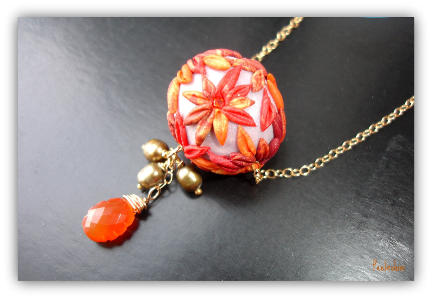 Flame cut Carnelian necklace with floral Polymer Clay Bead ,Padparadscha CZ  and Taupe Freshwater Pearls in 14k gold fill - Autumn Days