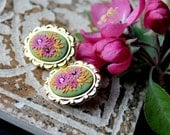 Jewel Tones Stud earrings with swarowski crystal and  Polymer clay in gold cameo setting - Flowers for Mom
