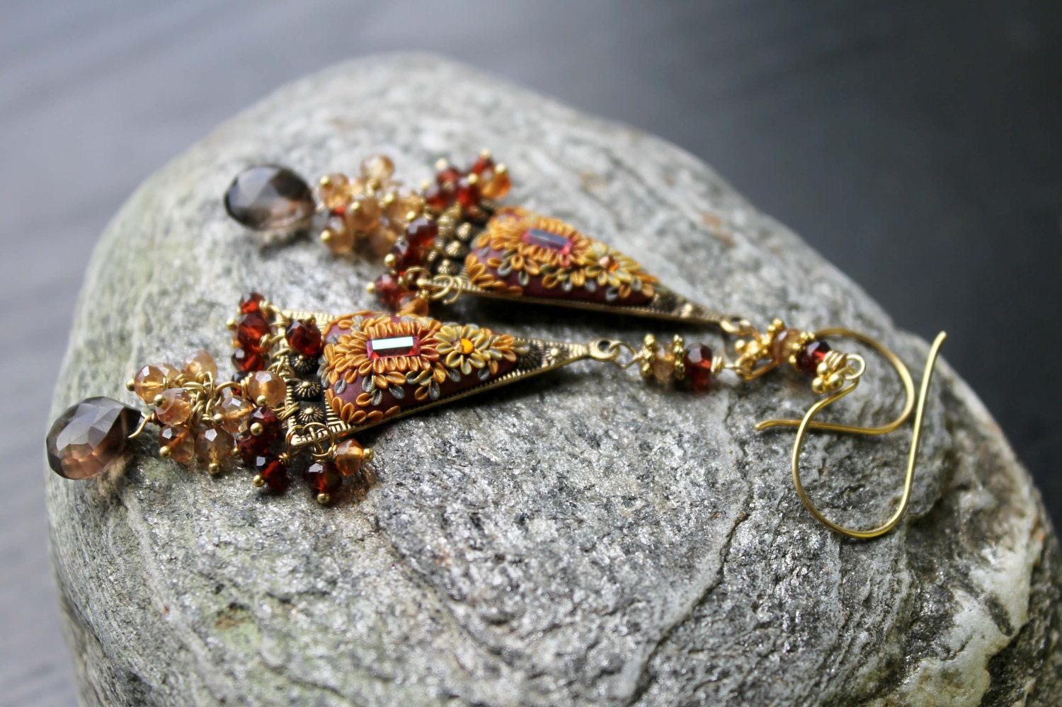Smokey Quartz, garnet, champagne quartz, andalusite and clay floral gold earrings - The Sun Setting Golden