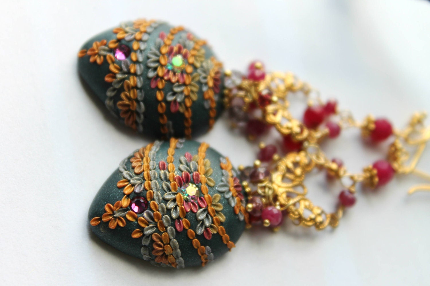 Natural Ruby, Rubellite and Ruby Jade gemstone cluster clay floral  gold earrings - Henna