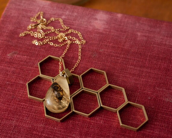 Gold Colony Collapse Real Bee Necklace, Small Teardrop