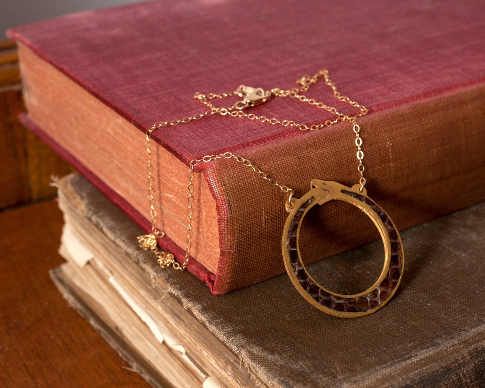 Gold Ouroboros Etched Copper Necklace, with Real Snakeskin