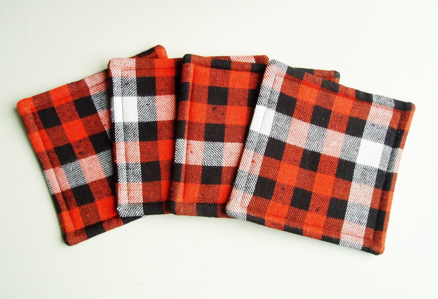 Coasters Plaid Fabric Cotton Orange Set of 4 Rustic Woodland Cabin Home Decor