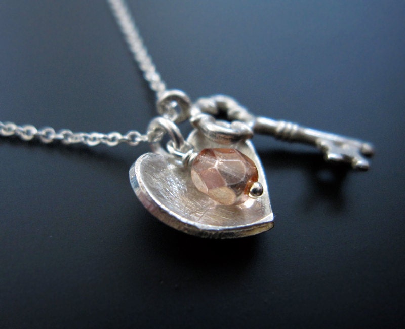 CHERISH silver key to my heart necklace, heart and key charm necklace
