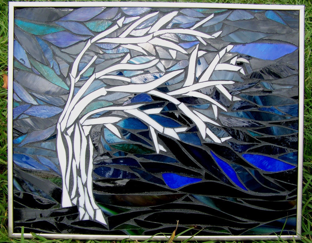 Windswept Mosaic Tree in Dark Blues Blacks Dark Green and Stark White