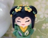 Miniature Doll  in Golden Yellow and Pistachio Green, Unique  Polymer clay Handmade Collectible Sculpture doll