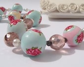 Pastel Necklace, Romantic Robin Egg Blue Shabby  Chic Necklace, Light  tourquise Pale  Pink and Yellow Rose flower Necklace