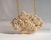 Champagne Pendant  Romantic Shabby Chic  Flowers and Birds Collage with Swarovski rhinestones