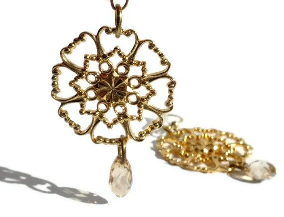 Filigree Flower Earrings,14K gold plated ,with Swarovski Crystal Golden Shadow  Briolettes
