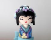Miniature Doll, Japanese Doll,  Shabby chic Light Blue Turquoise  Lavender and Purple  Handmade Sculpture Doll