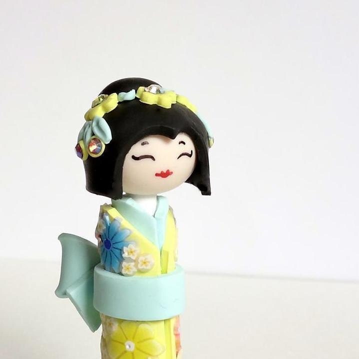 Unique  Handmade Sculpture doll,Japanese Kokeshi Doll,  Miniature Doll, in Lemon Yellow and Mint