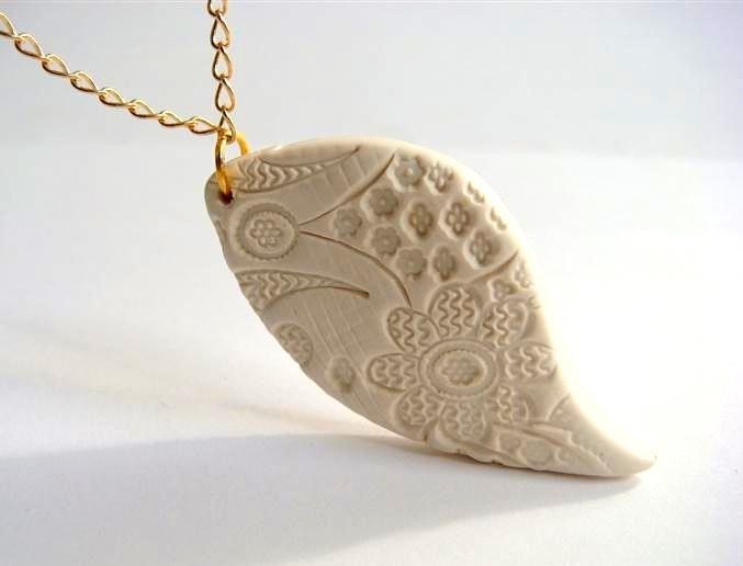 Gift for Mom - Lace  Pendant  Texture in Natural Milky White  Polymer Clay Handmade Jewelry