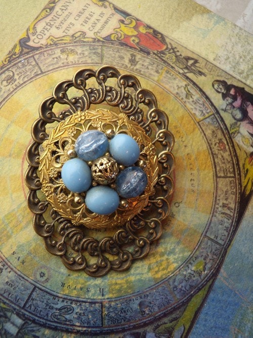 Blue and Gold Brooch with Vintage Beads