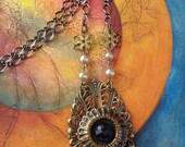 Retro Art Deco Black Glass and Pearl Necklace