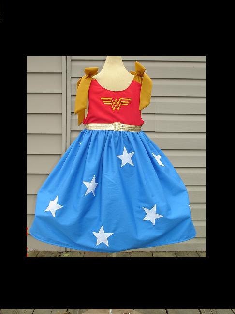 Custom Wonder Woman Embroidered and Appliqued Sundress(-----)Sizes 12M to girls size 8