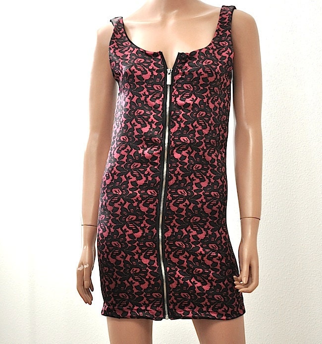 Super Sexy Fushia and Black Lace Print  Zipper Tank Dress Item 4291