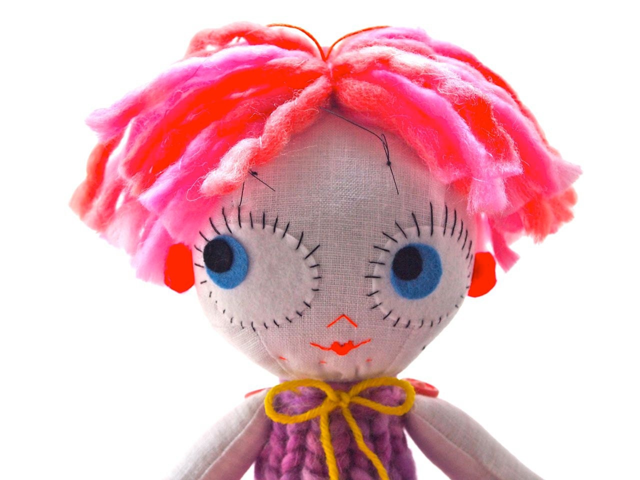 NEW YEAR SALE, Cloth art doll, display white linen pink wool, girl doll, Sylvie Beetle