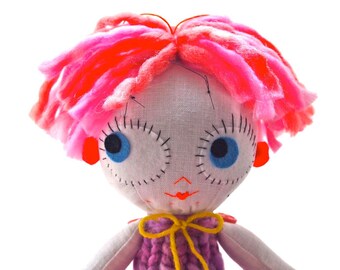 NEW YEAR SALE, Cloth art doll, display white linen pink wool, girl doll, Sylvie Beetle