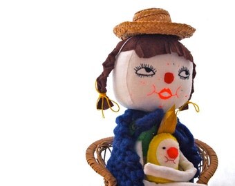 NEW YEAR SALE Cloth art doll display white linen green felt yellow bird Bridgette and Clemence