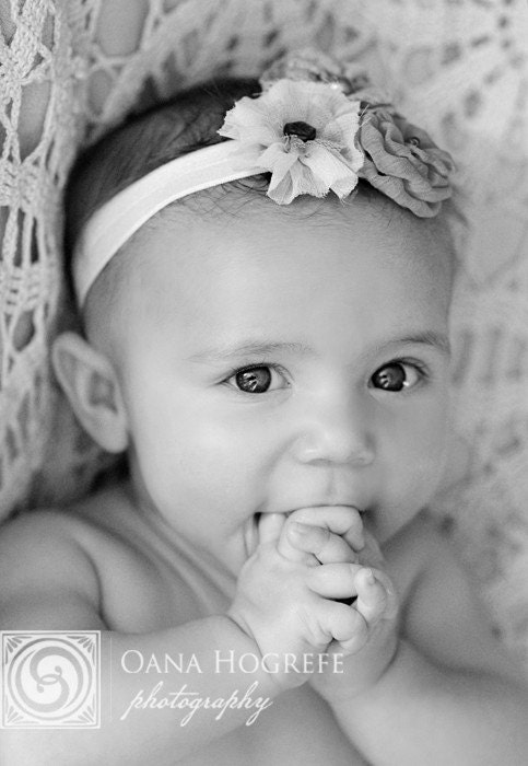 Baby Girl Headband - Baby Infant Toddler Headband - Pink Victorian Flowers on Pale Pink Stretch Headband - Photography Prop