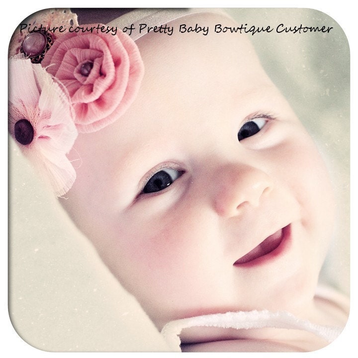 Baby Girl Headband - Baby Infant Toddler Headband - Pink Victorian Flowers on Pale Pink Stretch Headband - Photography Prop