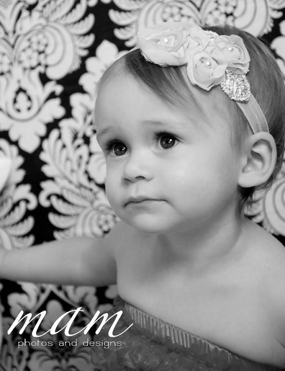 Baby Headband - Holiday Baby Headband White- White Chiffon Flower On A White Shimmery Stretch Headband- Baby Infant Toddler (WB)