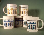 Vintage Kilncraft geometric print Staffordshire stoneware coffee mugs set of 6