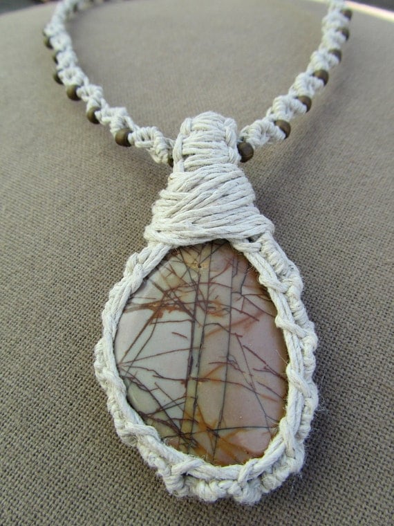 SALE Wrapped Picture Jasper and Hemp Macrame Necklace - Natural Bohemian