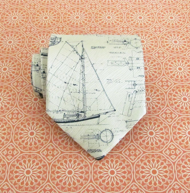 Necktie Mens Tie - Creamy Yellow Sailboat Blueprint Silk Necktie
