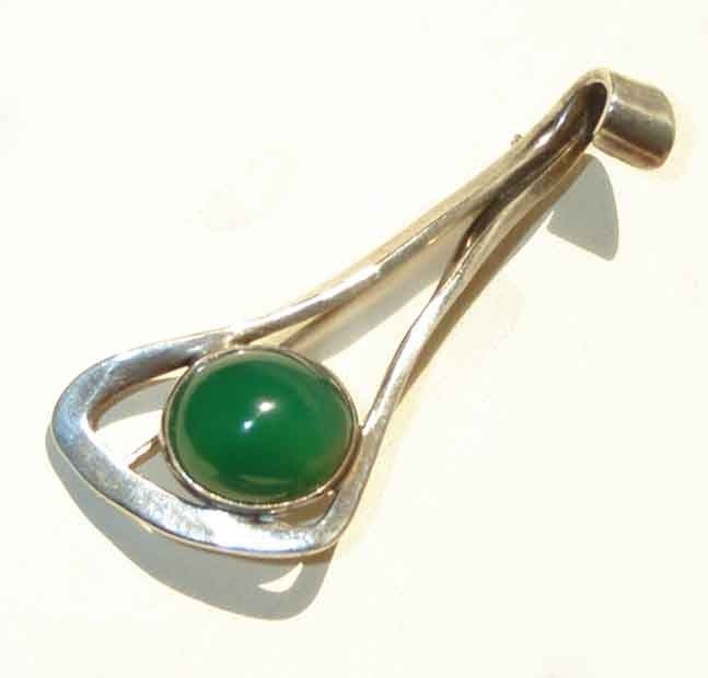 Vintage Modernist Brooch Skinger 50s Sterling Silver Green Onyx Abstract Atomic Pin