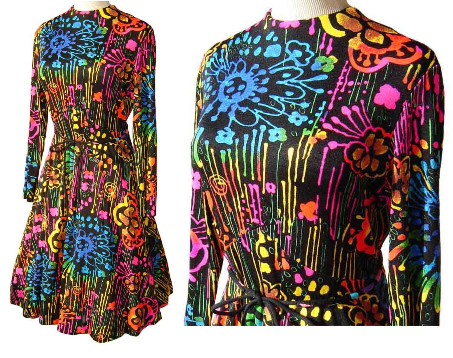 Vintage 70s Psychedelic Mod Disco Neon Dress M / L