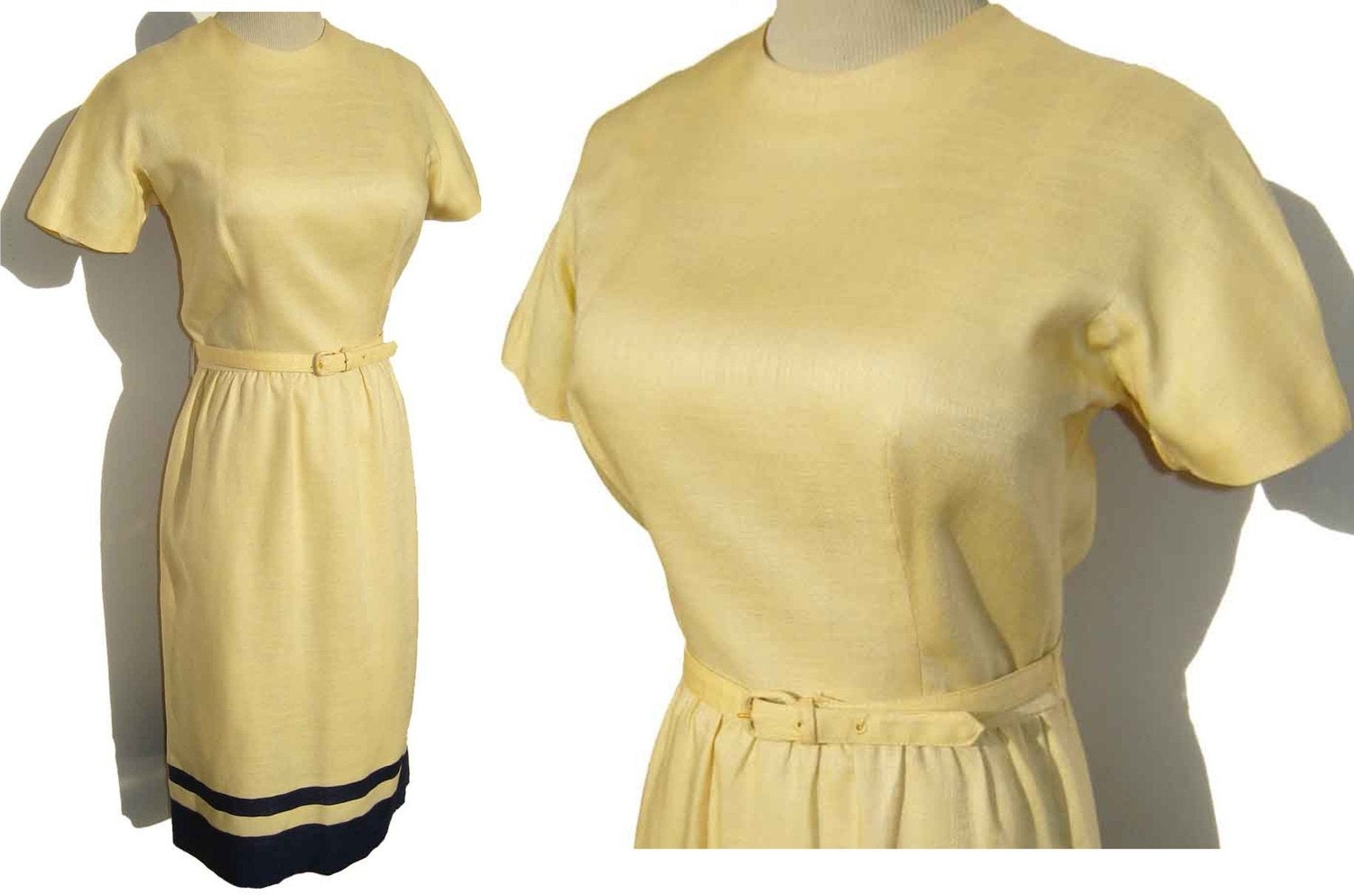 Sport Whirl Dress Vintage 50s Yellow Linen Navy Blue Stripe NOS - M