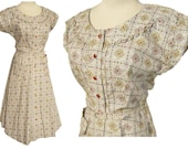 Vintage 50s Dress Rockabilly Cotton Summer Ecru Floral Print M