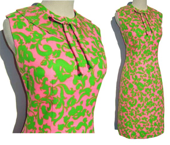 Vintage 60s Dress Mod Pink Green Floral Paisley Sleeveless M L NOS