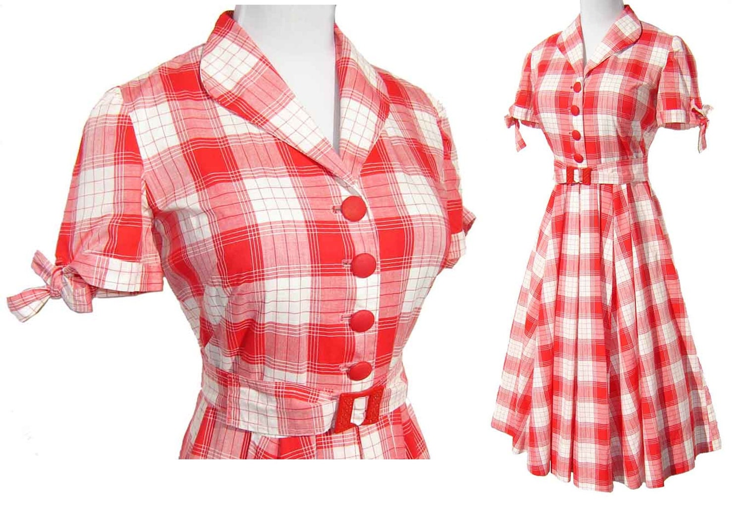 RESERVED -- Vintage 50s Dress Red & White Cotton Plaid Rockabilly S / M