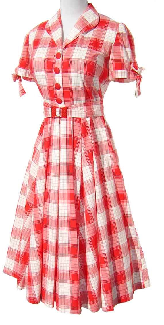 RESERVED -- Vintage 50s Dress Red & White Cotton Plaid Rockabilly S / M