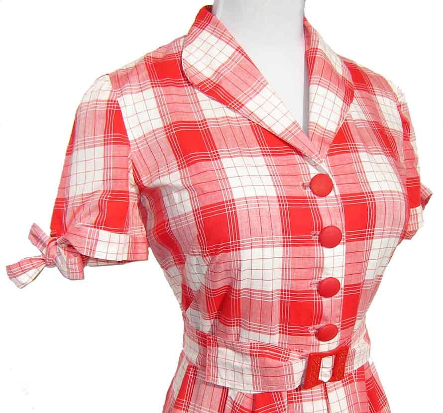 RESERVED -- Vintage 50s Dress Red & White Cotton Plaid Rockabilly S / M