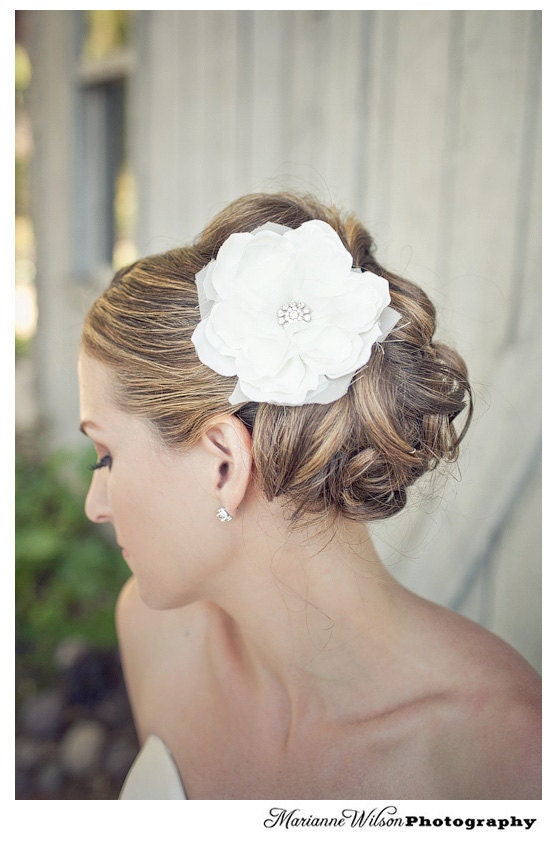 Audrey White or Ivory Bridal Hair Flower with Diamond Rhinestone Center