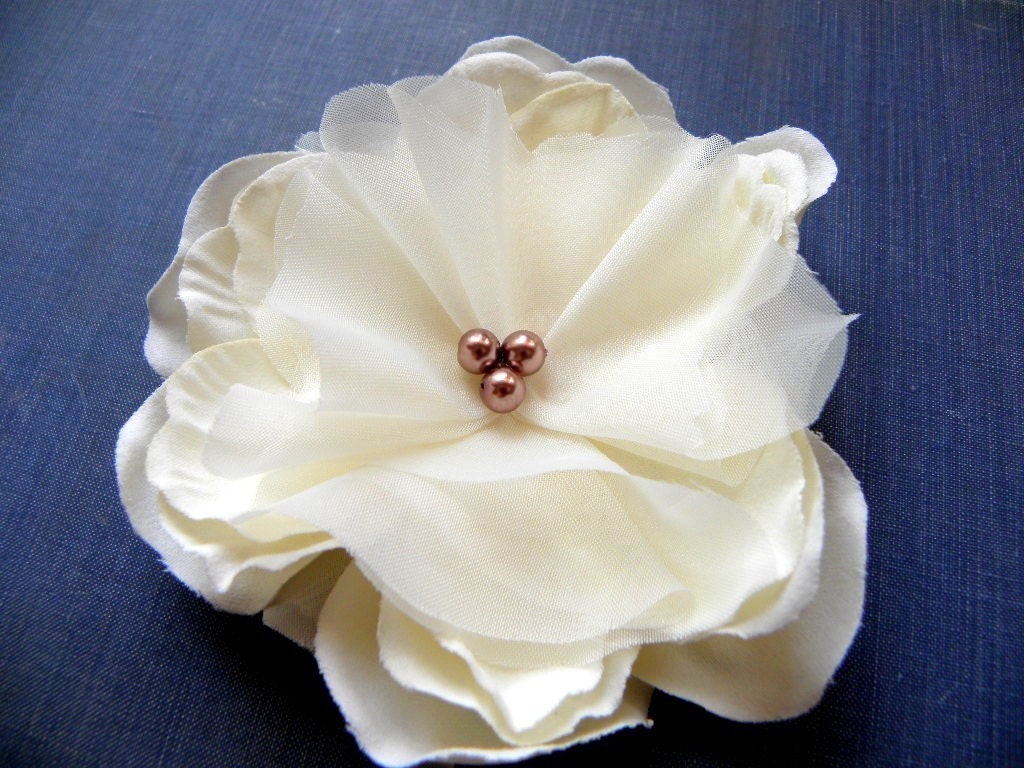 Rustic Tennessee Champagne Ivory Hair Flower with Bronze Copper Pearls- Bridal- Wedding