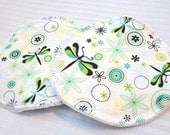 Organic Cotton Flannel Nursing Pads - Blue, Green, Yellow, Black Dragonfly & Swirls on White